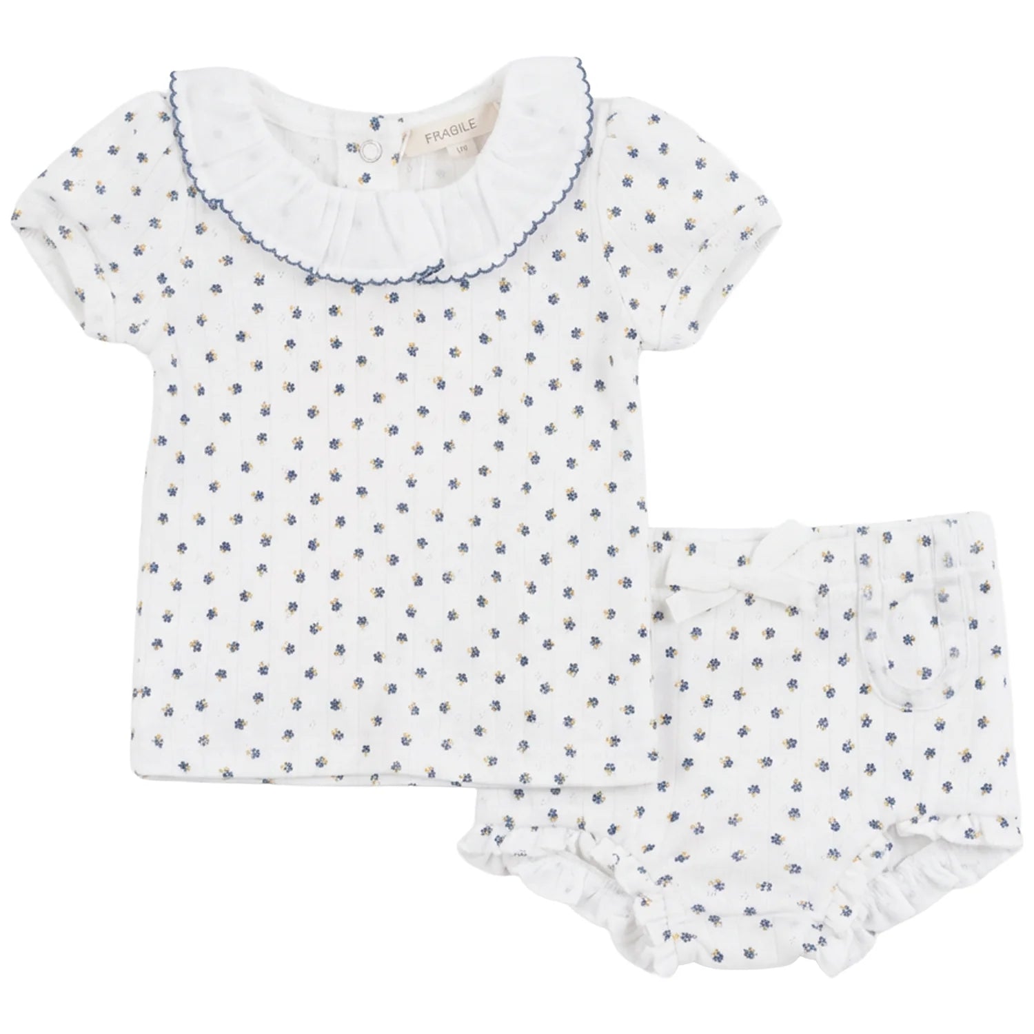 Fragile - Baby Pointelle With Flower Print 2 PCS Short Set With Ruffle Collar