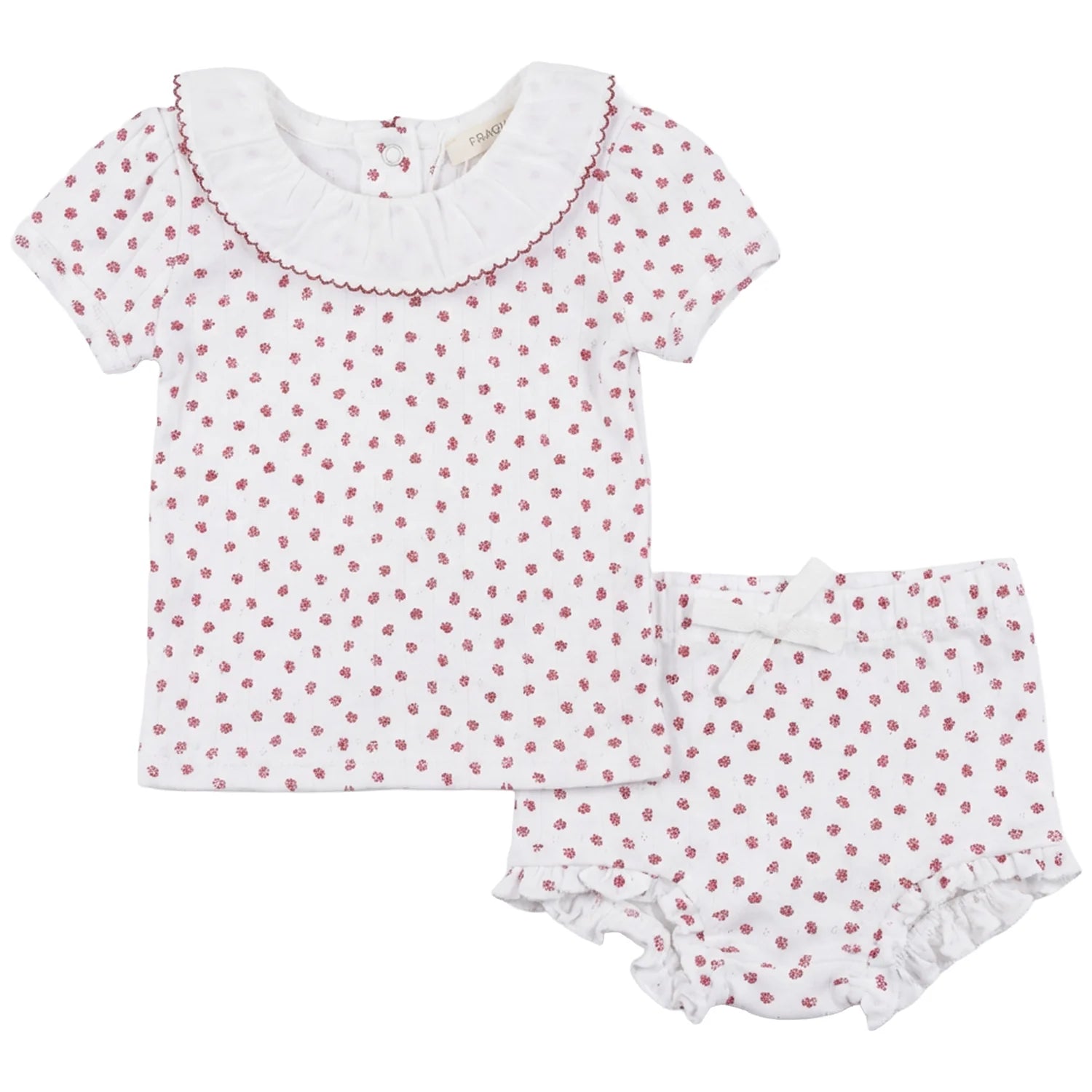 Fragile - Baby Pointelle With Flower Print 2 PCS Short Set With Ruffle Collar