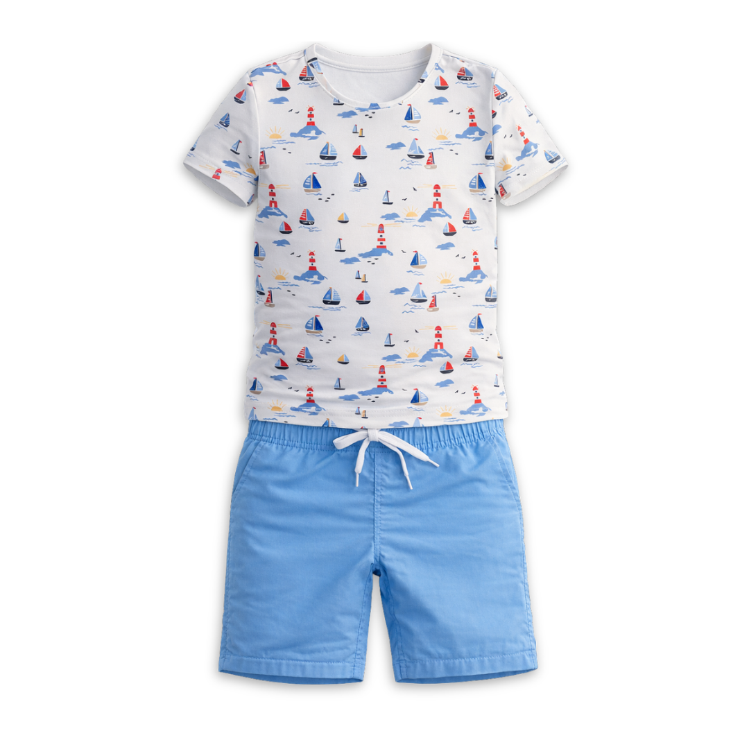 Sunburnt Sail Boat Print 2 Piece Swim Suit Baby Boys Stretch Swimwear Sailboat Print Design