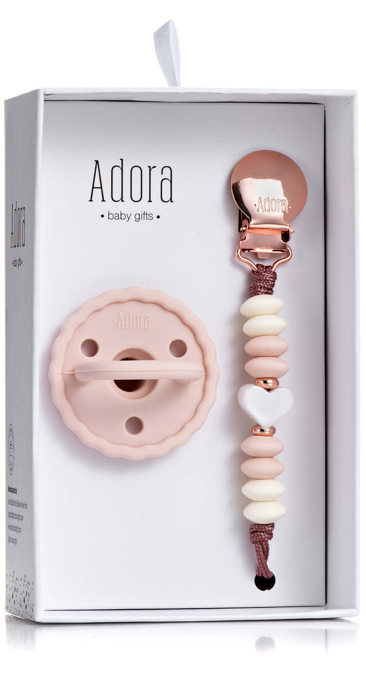 scalloped blush heart pacifier clip set