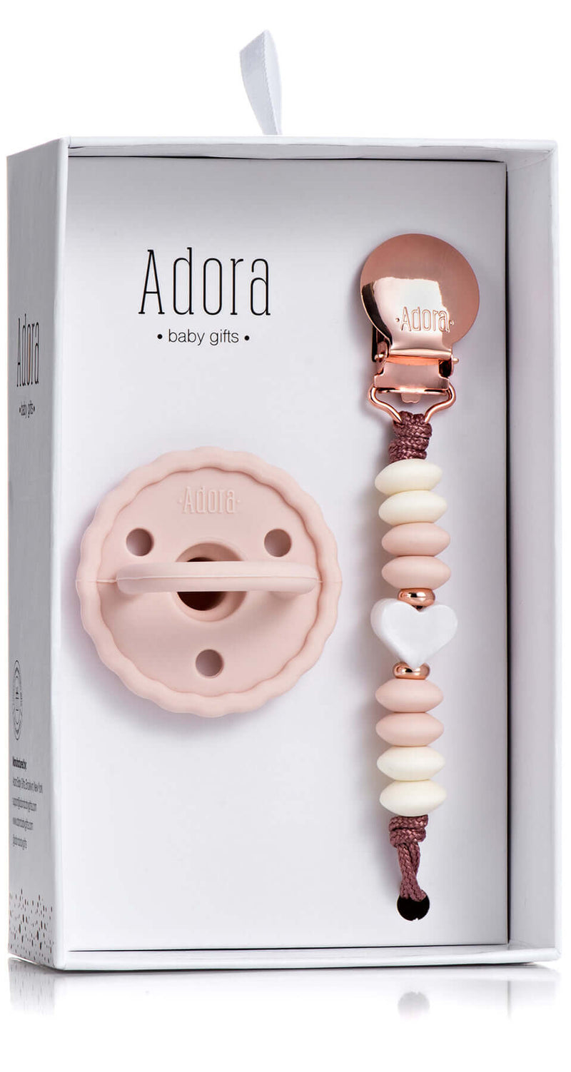 scalloped blush heart pacifier clip set