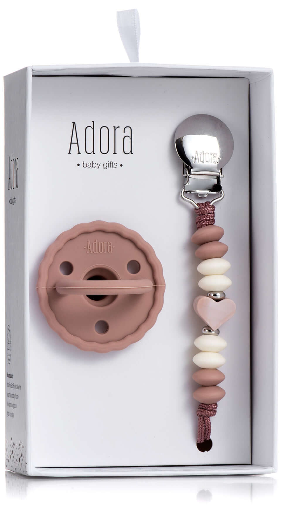 scalloped blush heart pacifier clip set