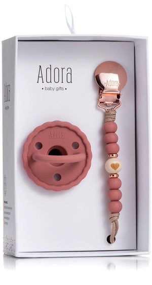 scalloped blush heart pacifier clip set