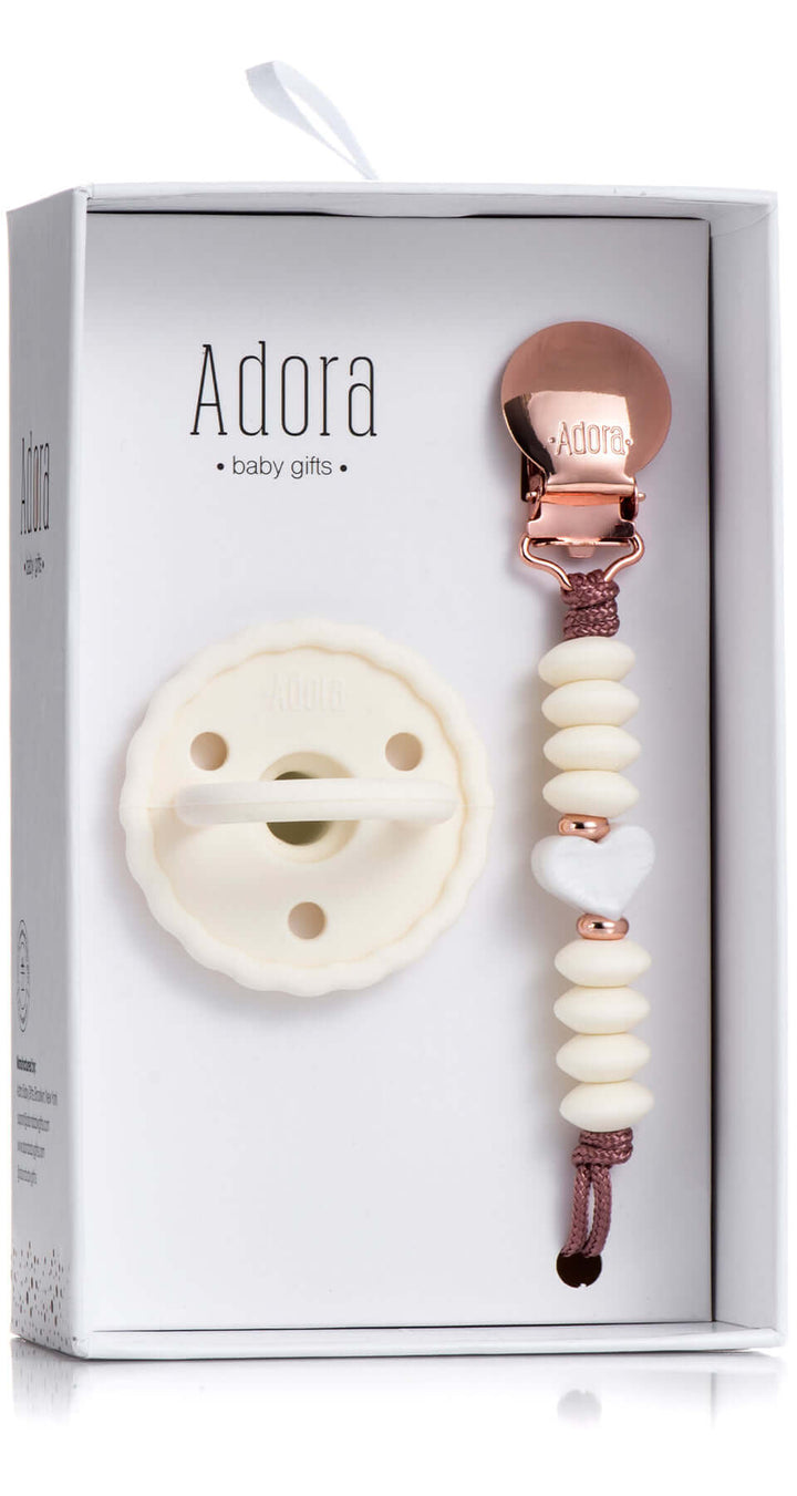 scalloped blush heart pacifier clip set