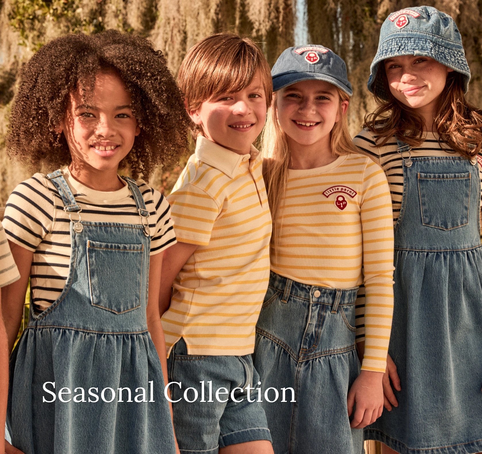Four children wearing matching denim outfits with a 'Seasonal Collection' text overlay.