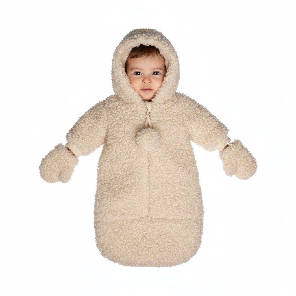 Mantel Off White Sherpa Teddy Bunting | Ultra-Soft Fleece Baby Winter Suit
