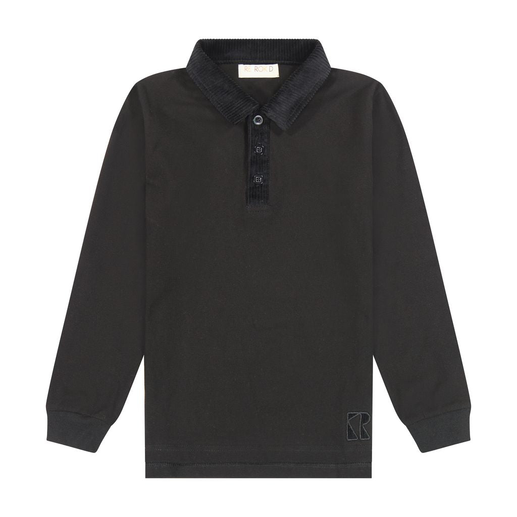 Retro Kid Black Corduroy Collar Long Sleeve Kids Polo Shirt – Front View
