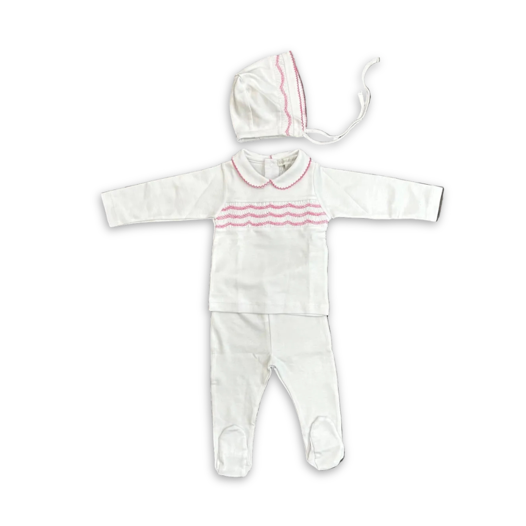 Chant De Joie Smocked Pima Two Piece and Bonnet Set Soft Pima Cotton Baby Outfit Smocked Detail Design