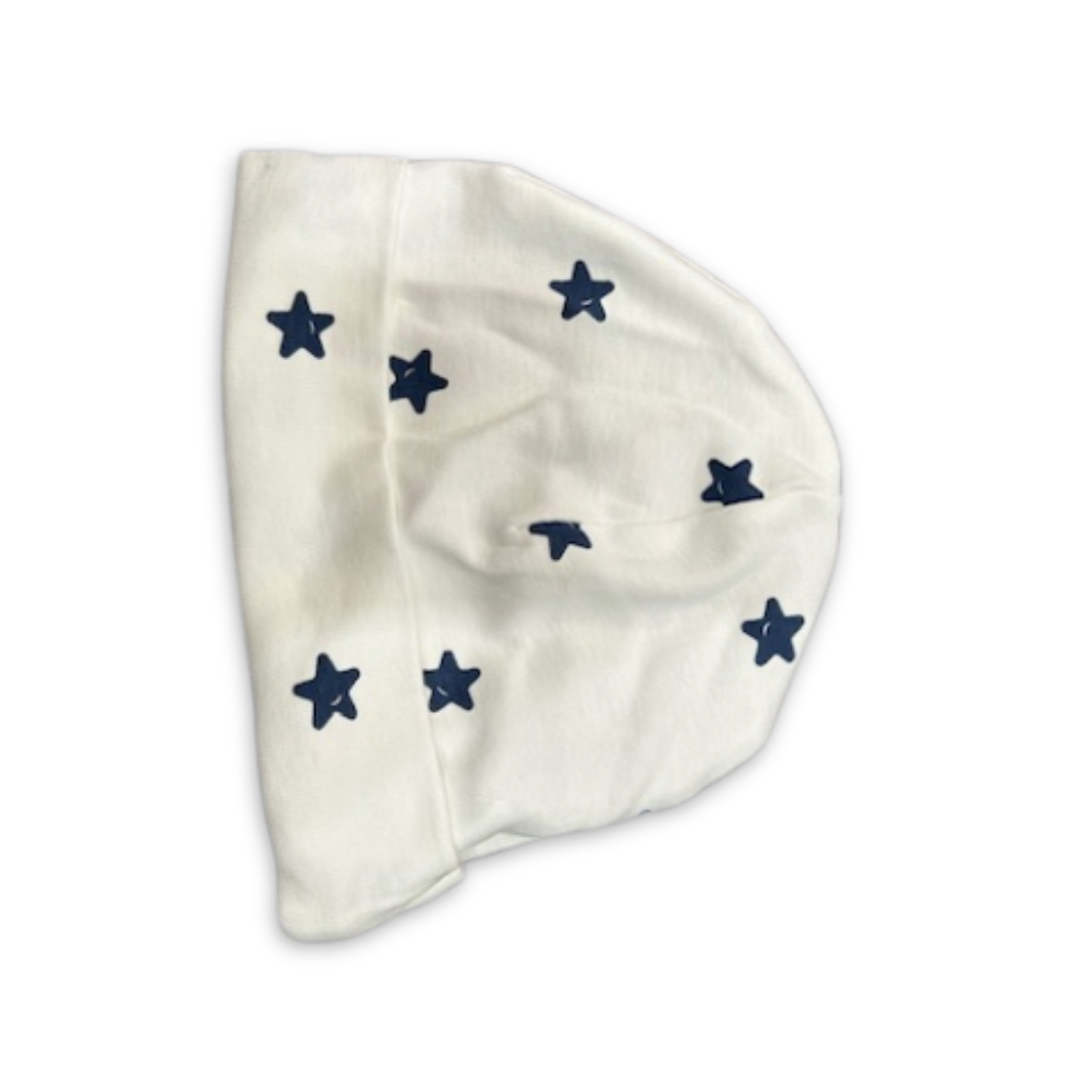 Cotton Pompom Stars Lollipop baby hat in soft cotton, cozy newborn beanie with star print design