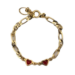 Gold bracelet with red heart charms on a white background