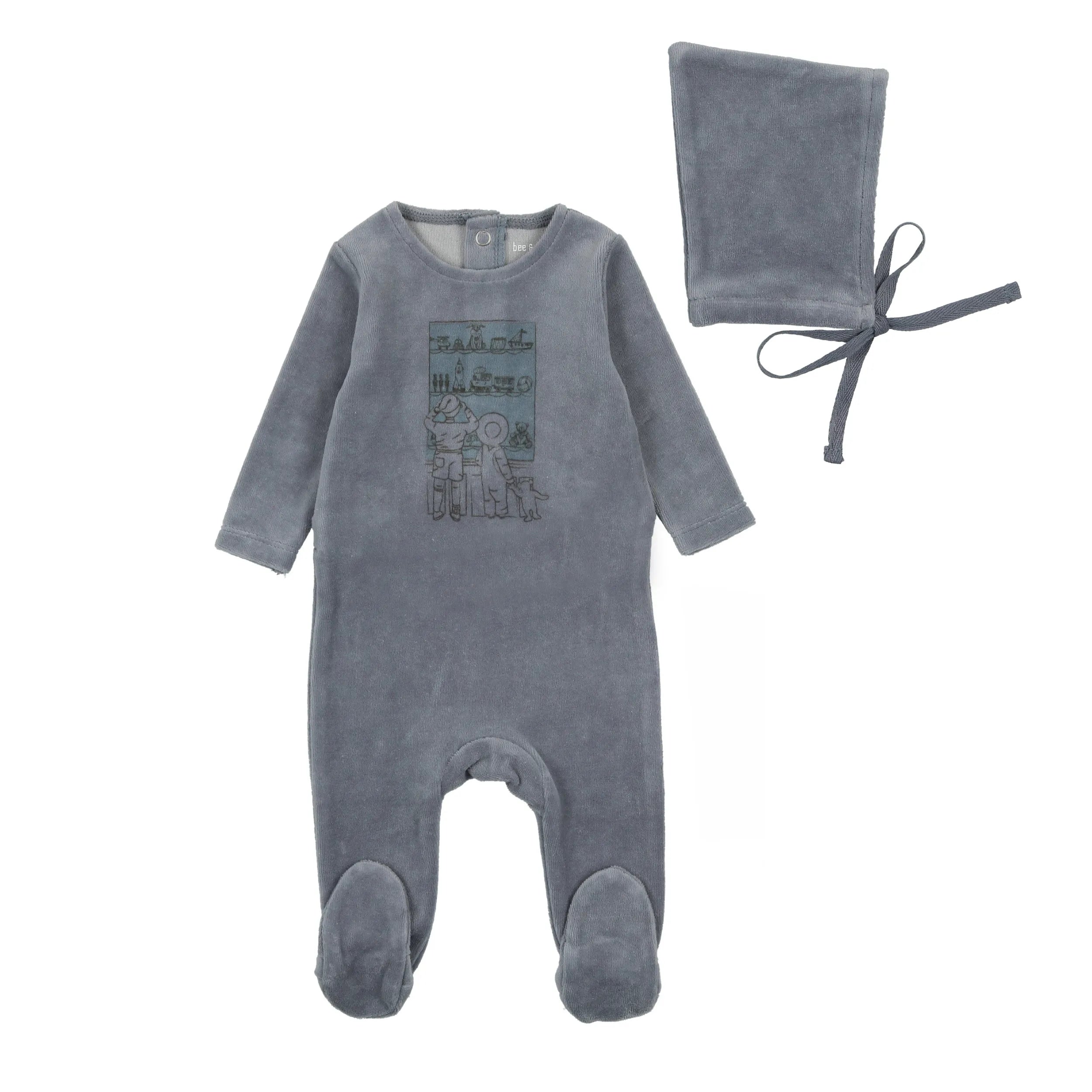 Bee & Dee Storm Blue Velour Window Footie + Bonnet