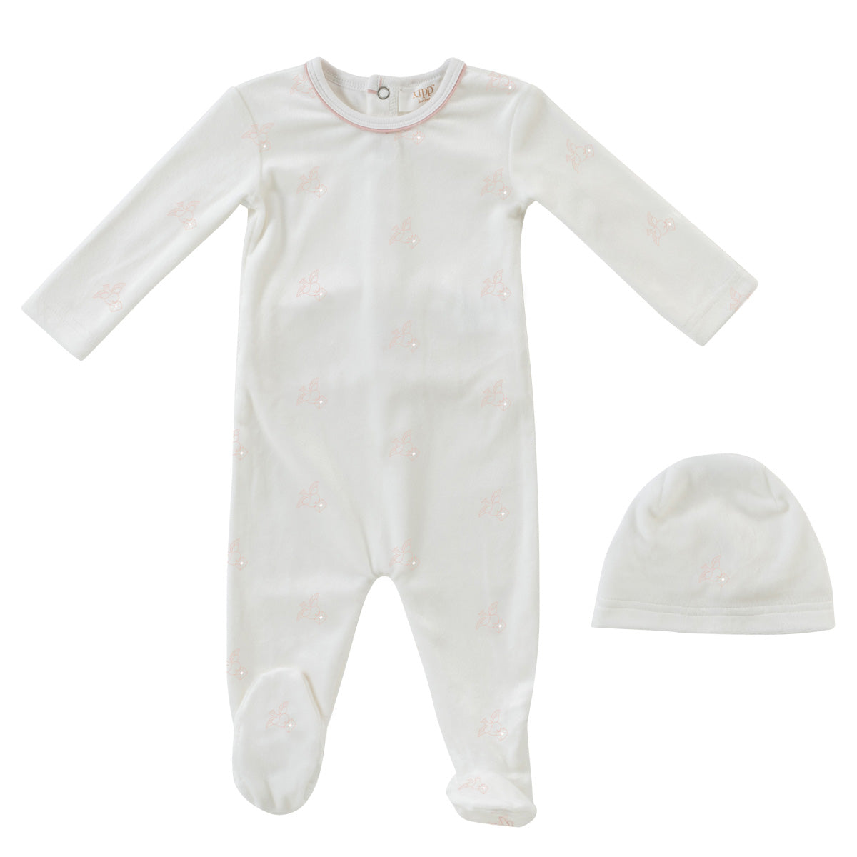 Baby onesie and hat set on a white background
