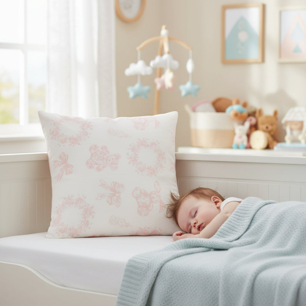 Kipp Baby white and pink Petit Toile accent pillow for nursery decor