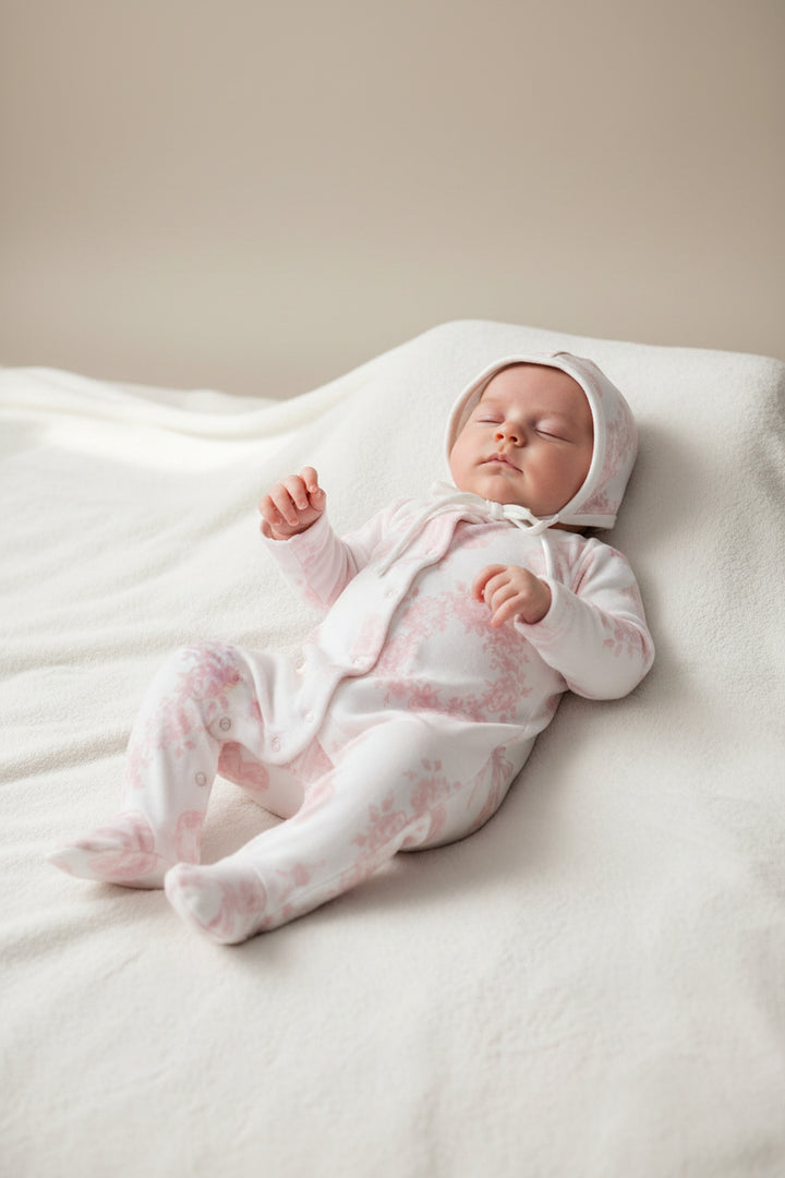 white and pink Petit Toile footie with matching bonnet for newborns