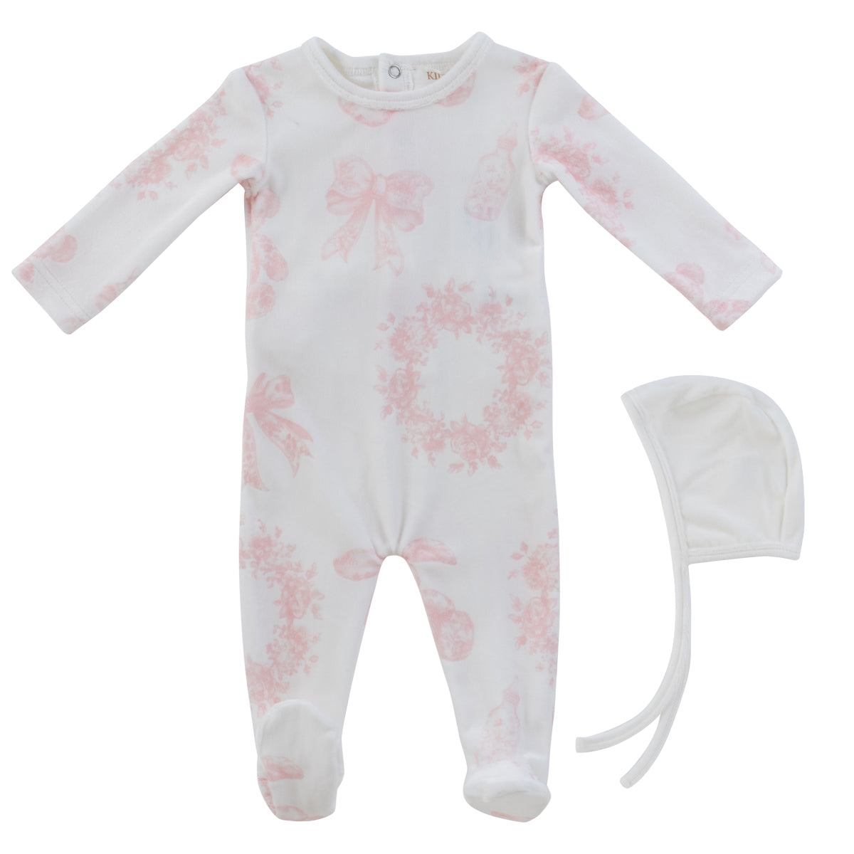 Kipp Baby white and pink Petit Toile footie with matching bonnet for newborns