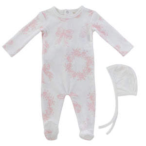 Kipp Baby white and pink Petit Toile footie with matching bonnet for newborns