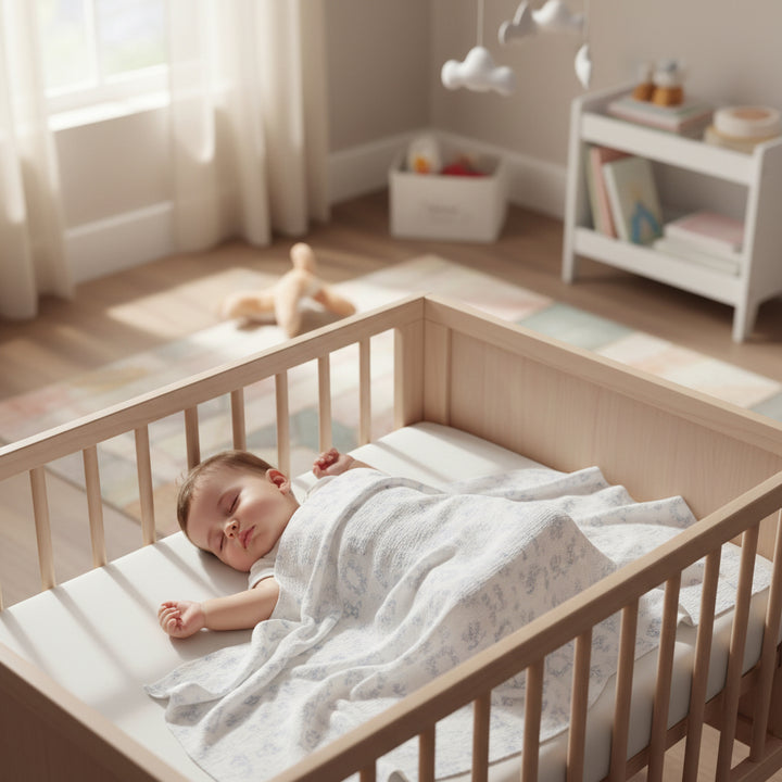 Baby white and blue Petit Toile cotton swaddle for newborns