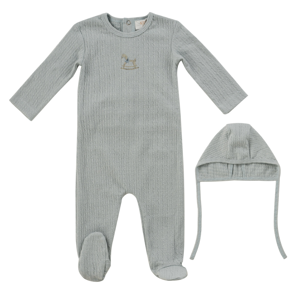 Kipp Baby Blue Rocking Horse Footie + Bonnet