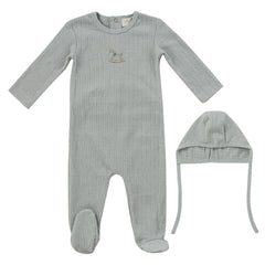 Kipp Baby Blue Rocking Horse Footie + Bonnet