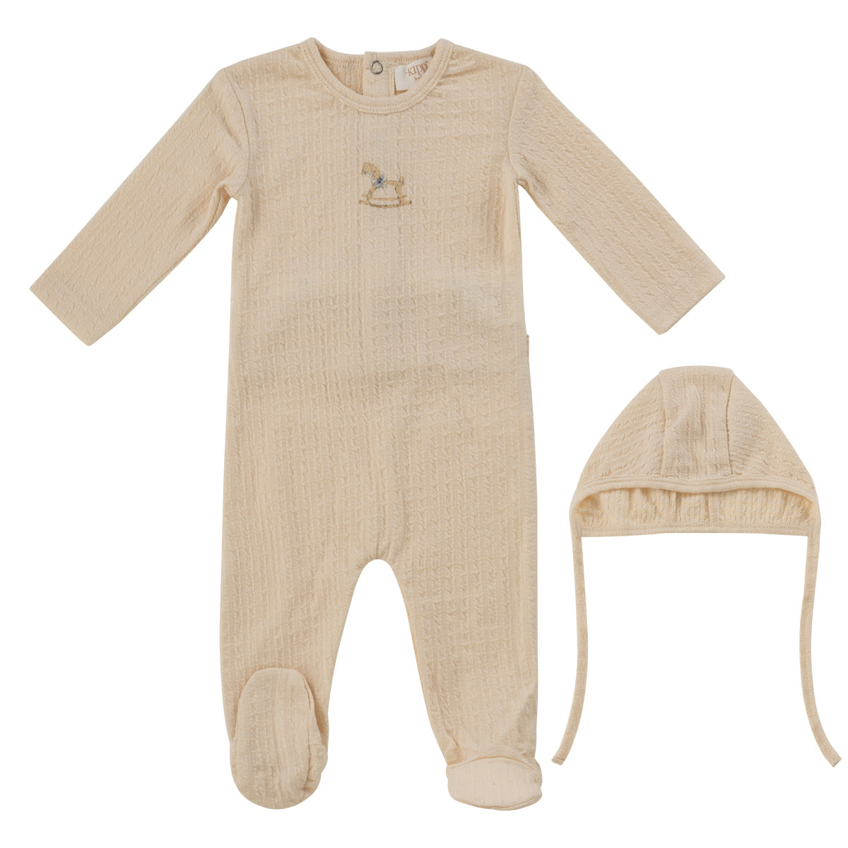 Kipp Baby White Blue Rocking Horse Footie + Bonnet