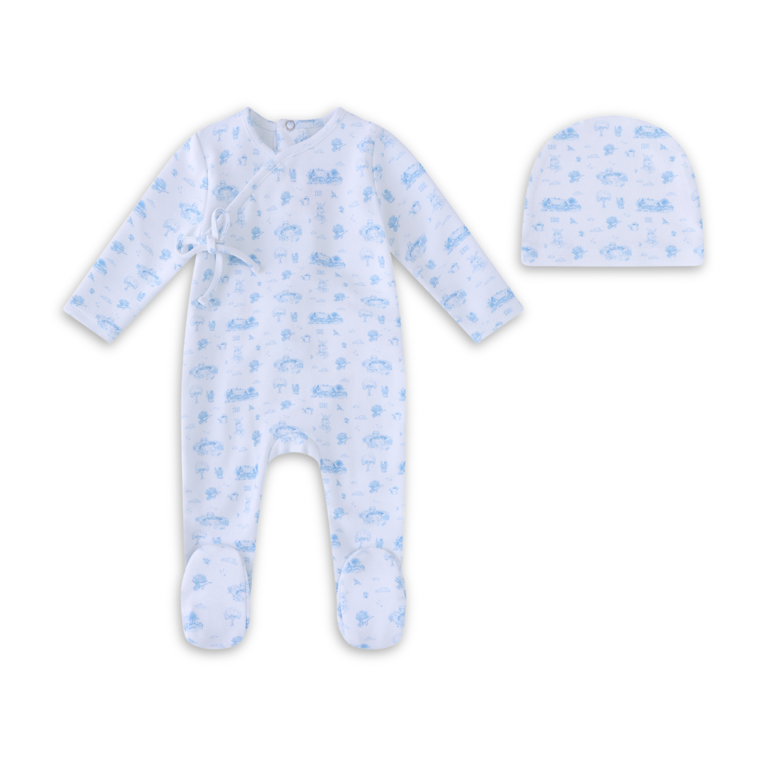 Mini Label Toile Garden Print Footie and Hat Boys Soft Cotton Baby Outfit Garden Toile Print Design