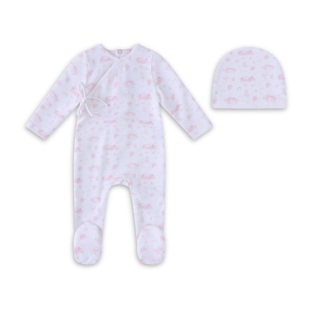 Mini Label Toile Garden Print Footie and Hat Girls Soft Cotton Baby Outfit Garden Toile Print Design