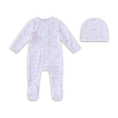 Mini Label Toile Garden Print Footie and Hat Girls Soft Cotton Baby Outfit Garden Toile Print Design