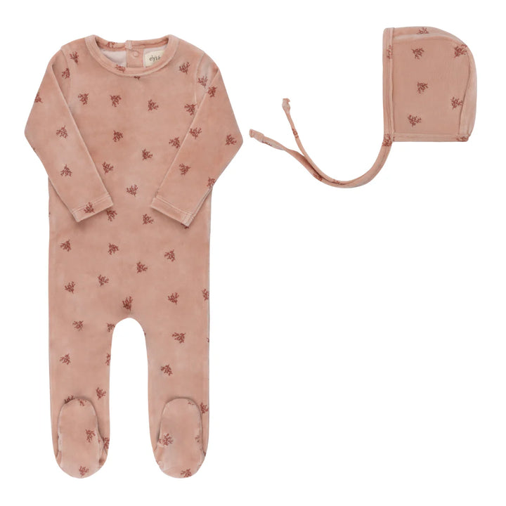 Ely's & Co Pink Velour Leaf Footie + Bonnet