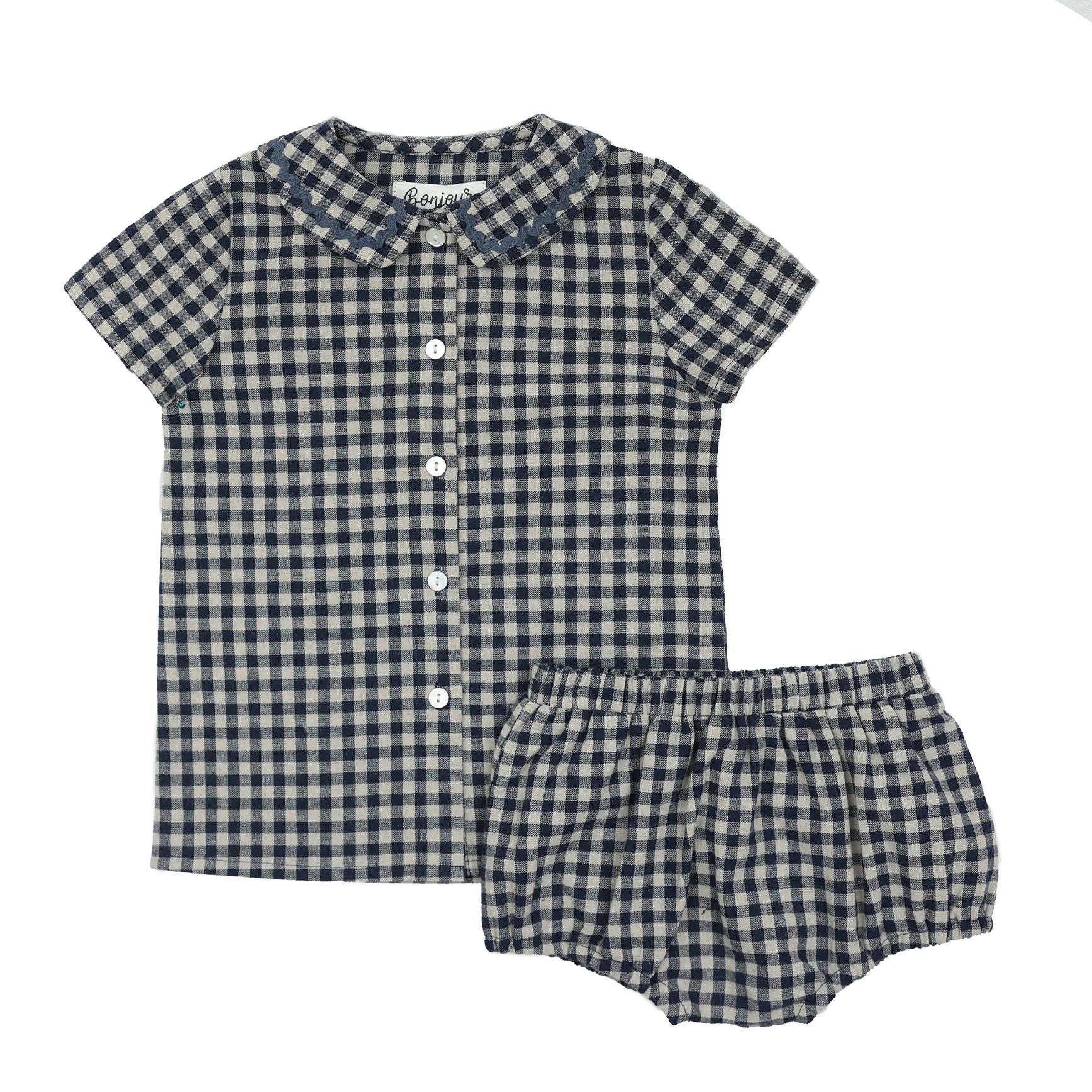 Bonjour Blue Gingham Collar Baby Boy Set