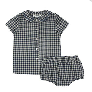 Bonjour Blue Gingham Collar Baby Boy Set