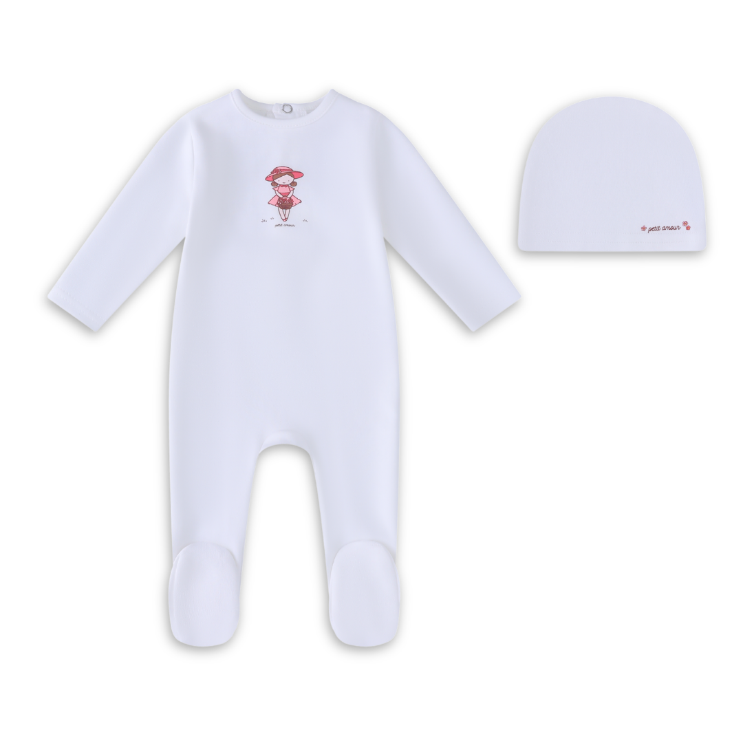 Mini Label White Doll Footie and Hat Girls Soft Cotton Baby Outfit Doll Print Design
