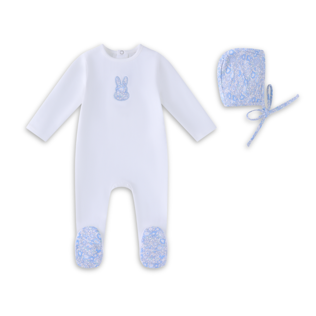 Mini Label White Liberty Bunny Footie and Hat Boys Soft Cotton Baby Outfit Bunny Print Design