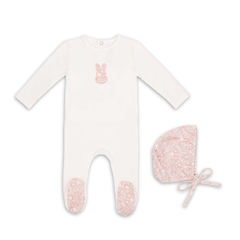 Mini Label White Liberty Bunny Footie and Hat Girls Soft Cotton Baby Outfit Bunny Print Design