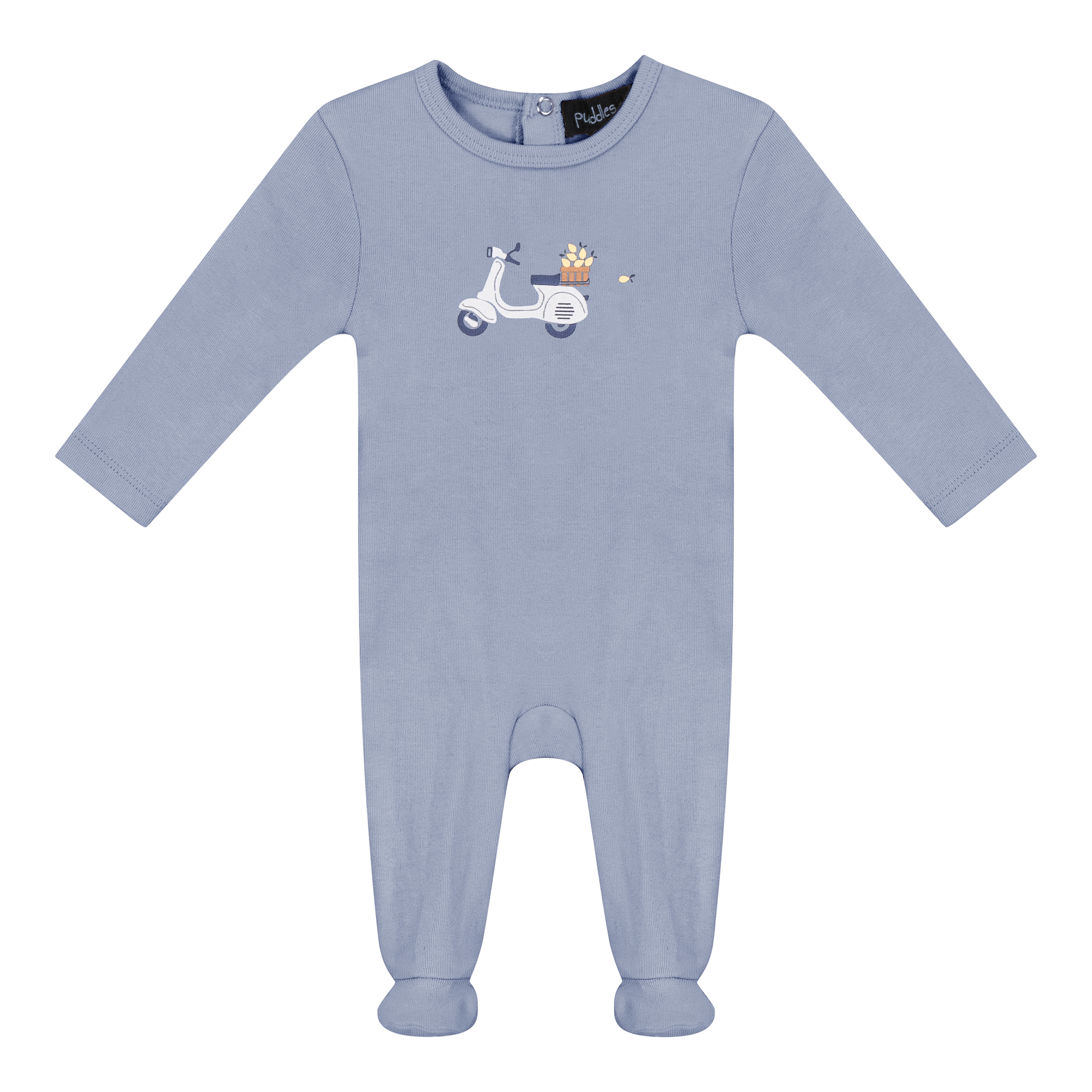 Puddles Blue Scooter Chest Print Footie
