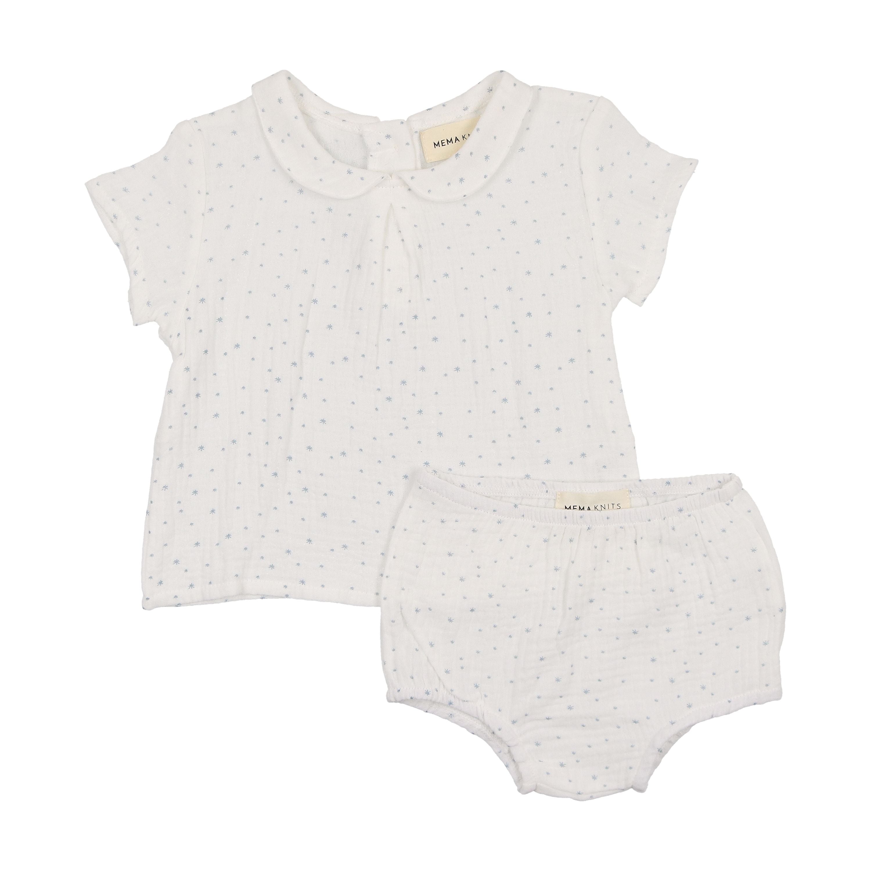 Mema Knits Faded Denim Gauze Peter Pan Collared Shirt + Bloomer