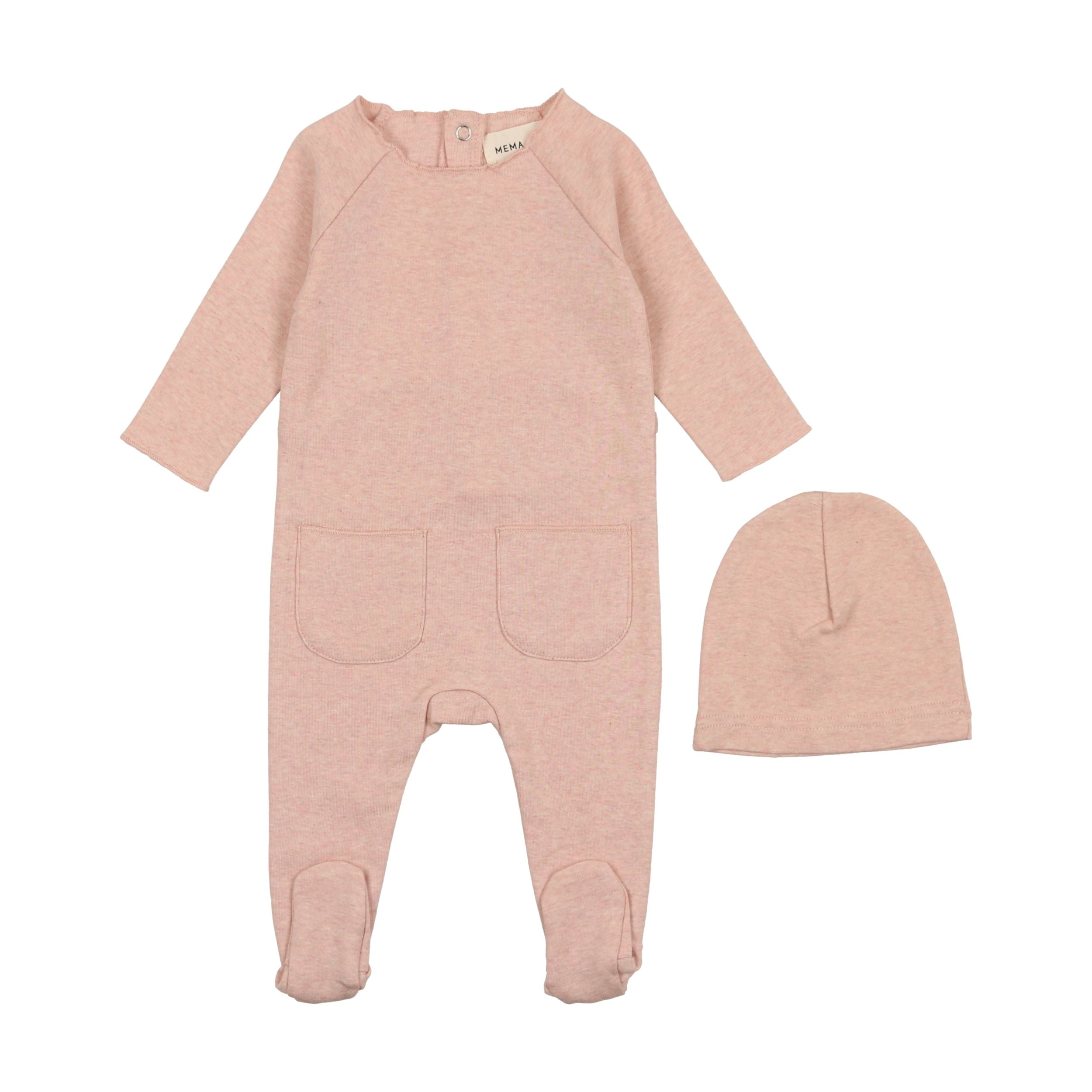 Mema Knits Old Rose Heathered Roll Neck Footie + Beanie