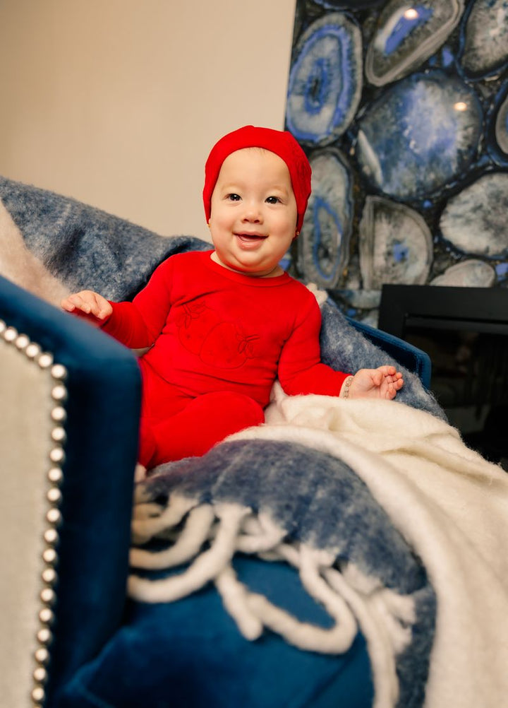 Little Label Red Velour Embroidered Footie + Hat
