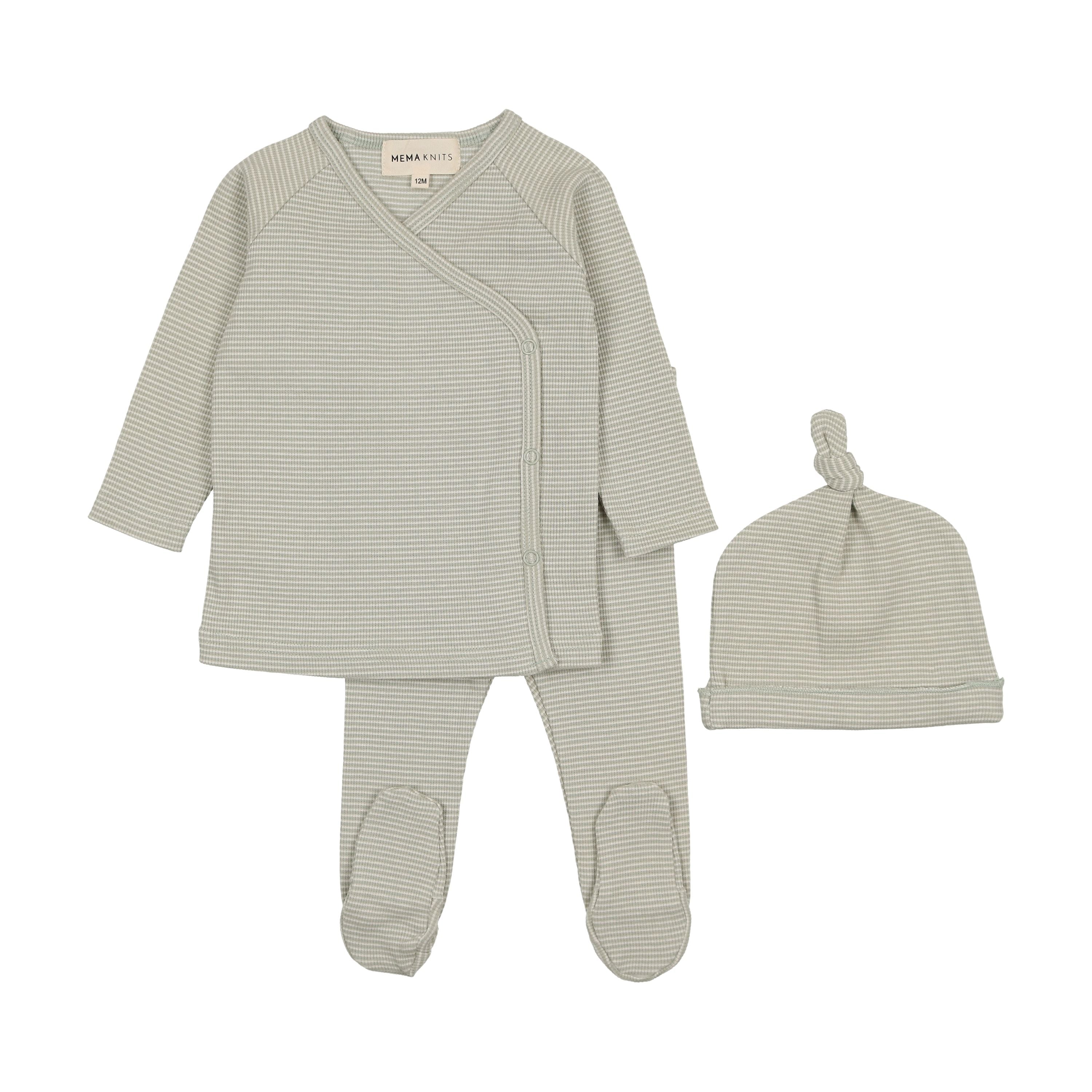 Mema Knits Mint Green Striped 2 Pc Wrap Set + Beanie