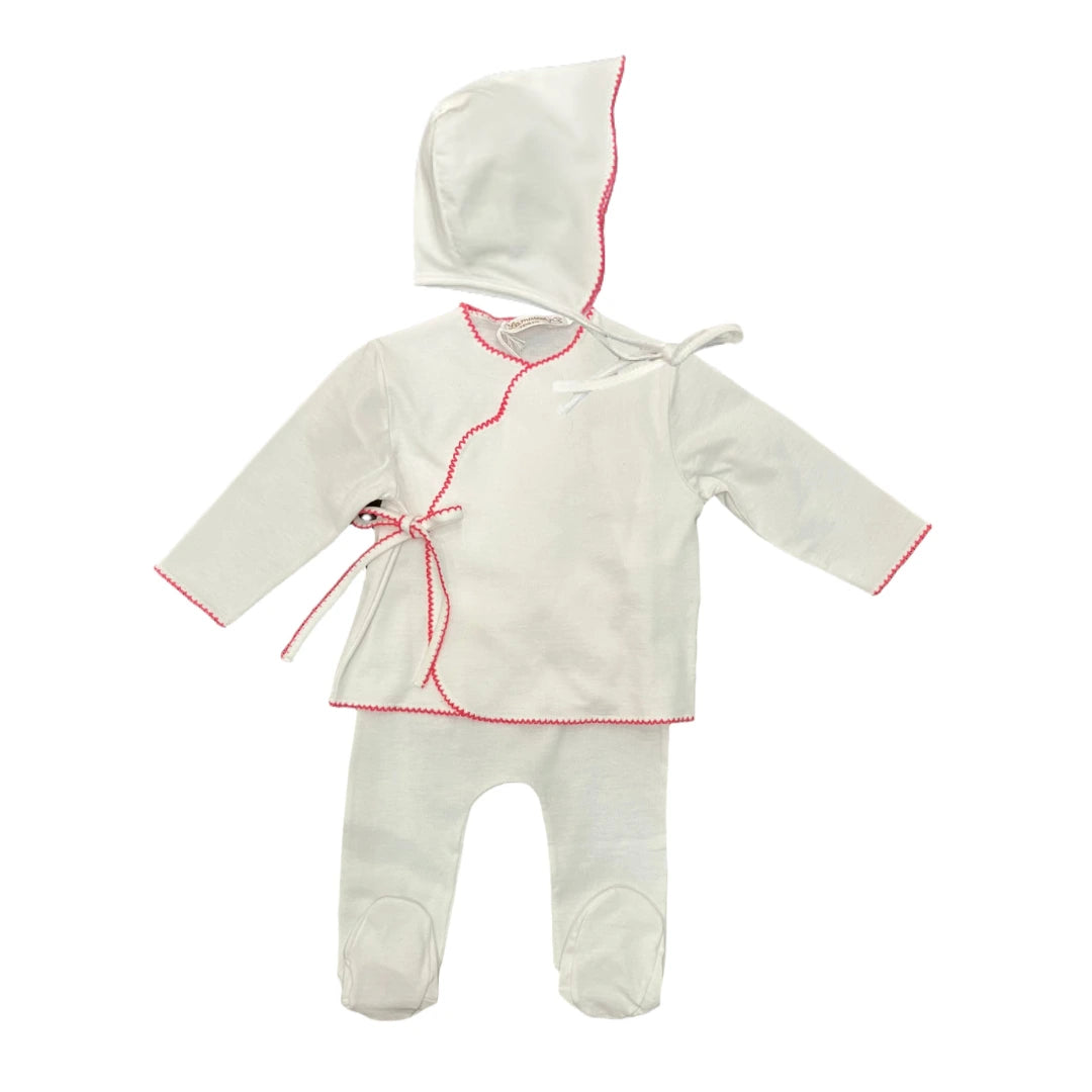 A breathtaking La Mascot 2-piece wrap set in white Pima cotton, featuring an authoritative fuchsia picot trim and a coordinating architectural bonnet.