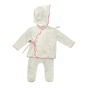 A breathtaking La Mascot 2-piece wrap set in white Pima cotton, featuring an authoritative fuchsia picot trim and a coordinating architectural bonnet.