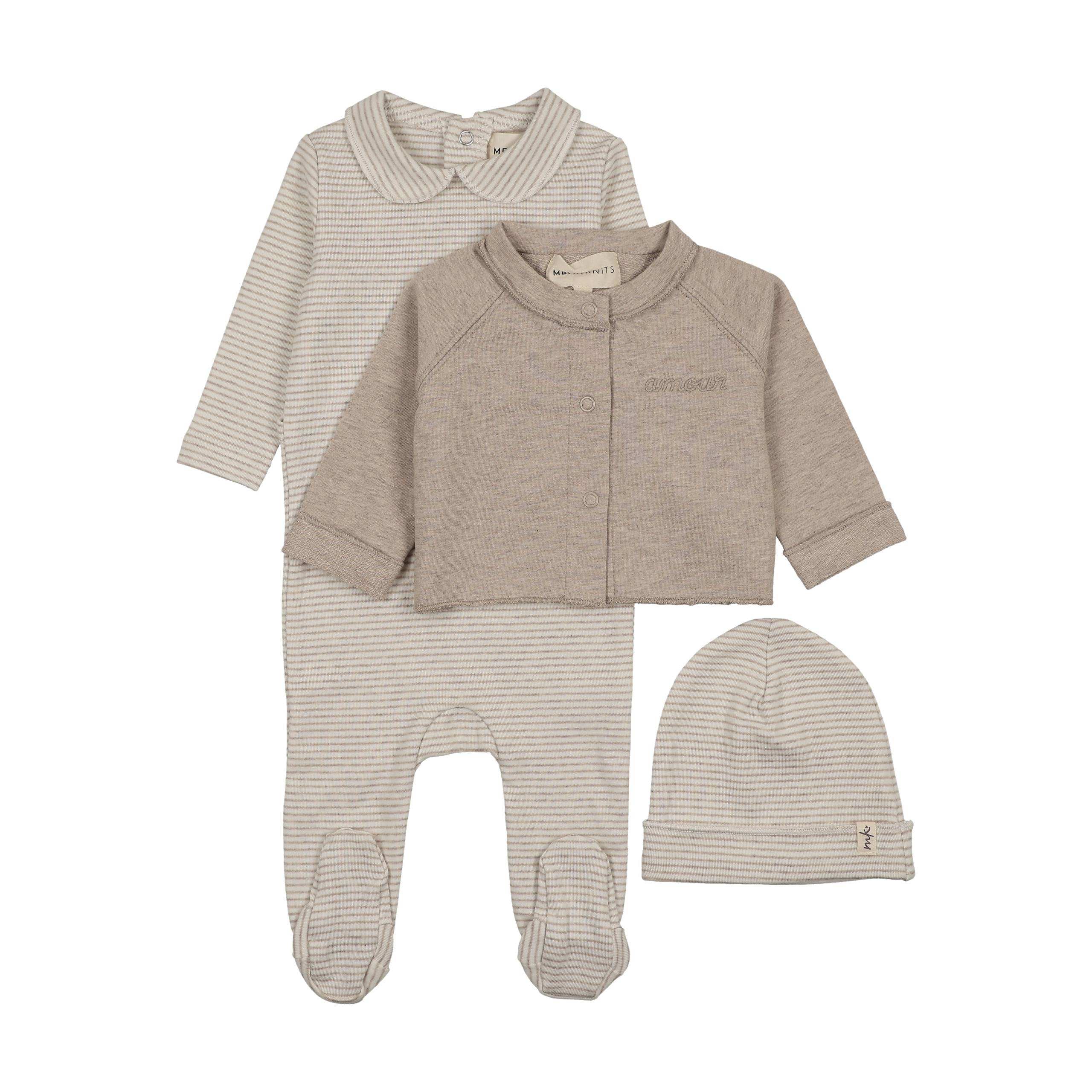Mema Knits – Beige Striped Collared Footie, Cardigan & Beanie Set | Warm Beige