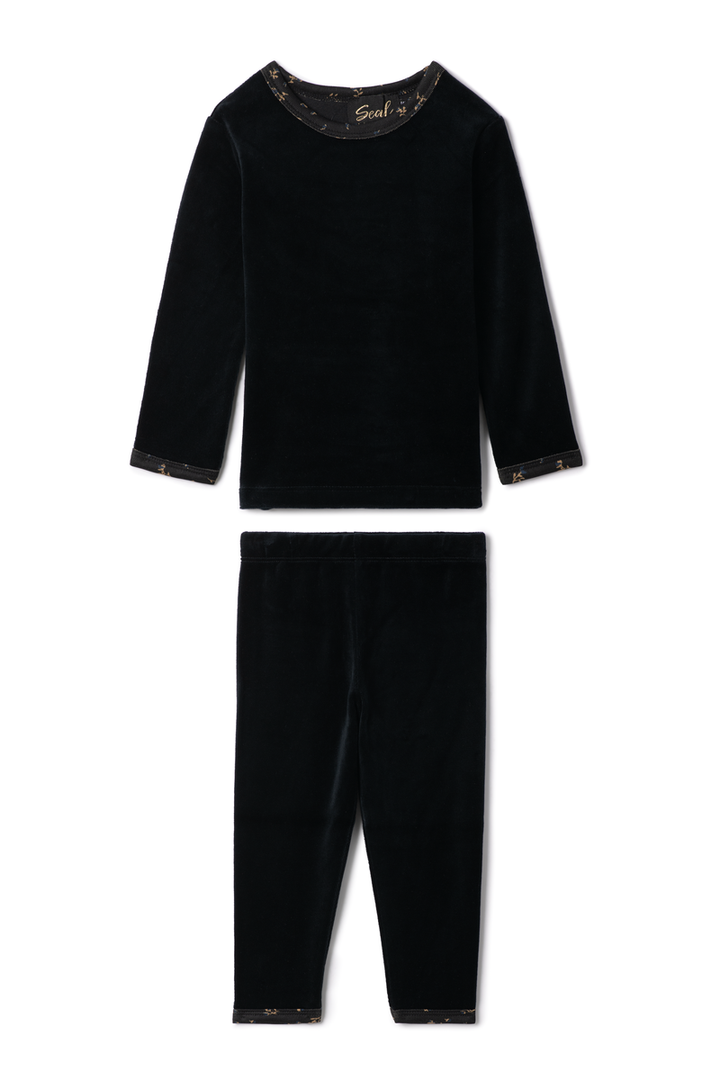 Black velvet pajama set with long-sleeve top and pants on a white background