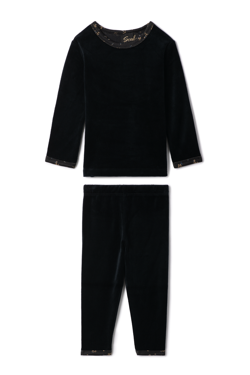 Black velvet pajama set with long-sleeve top and pants on a white background
