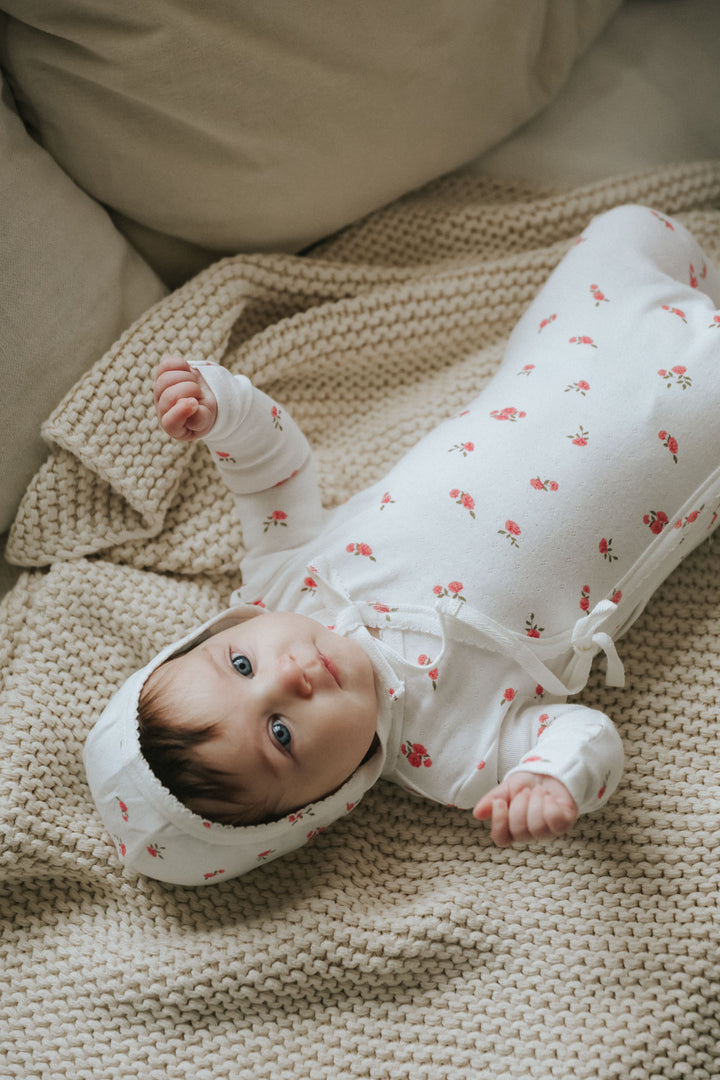 Mema Knits Floral Pink Pointelle Side Snap Footie + Bonnet