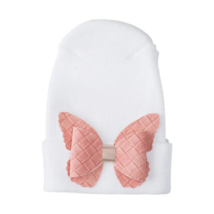 A front view of the Adora fuzzy butterfly newborn hospital hat mauve.