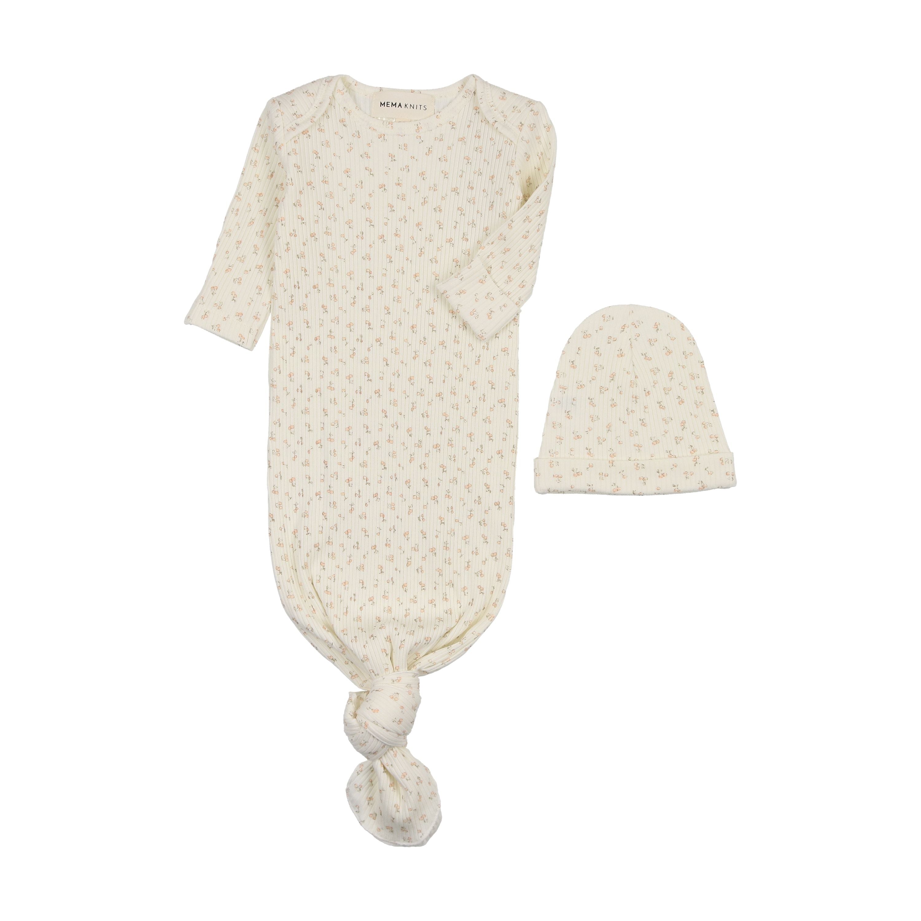 Mema Knits Pink Cherry Print Sleep Gown + Beanie