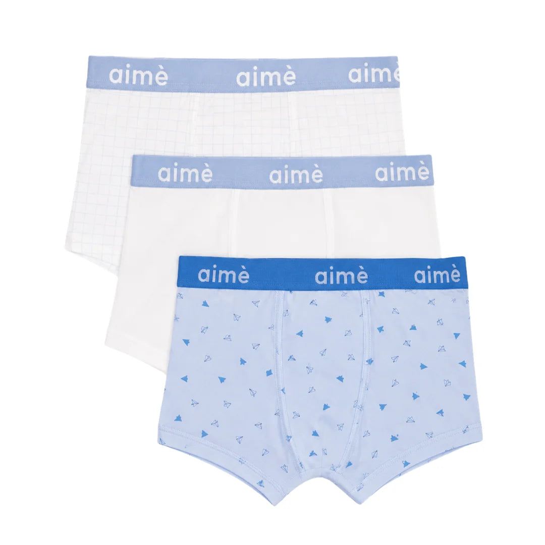 A front view of the Aime boys boxer briefs pack of 3.