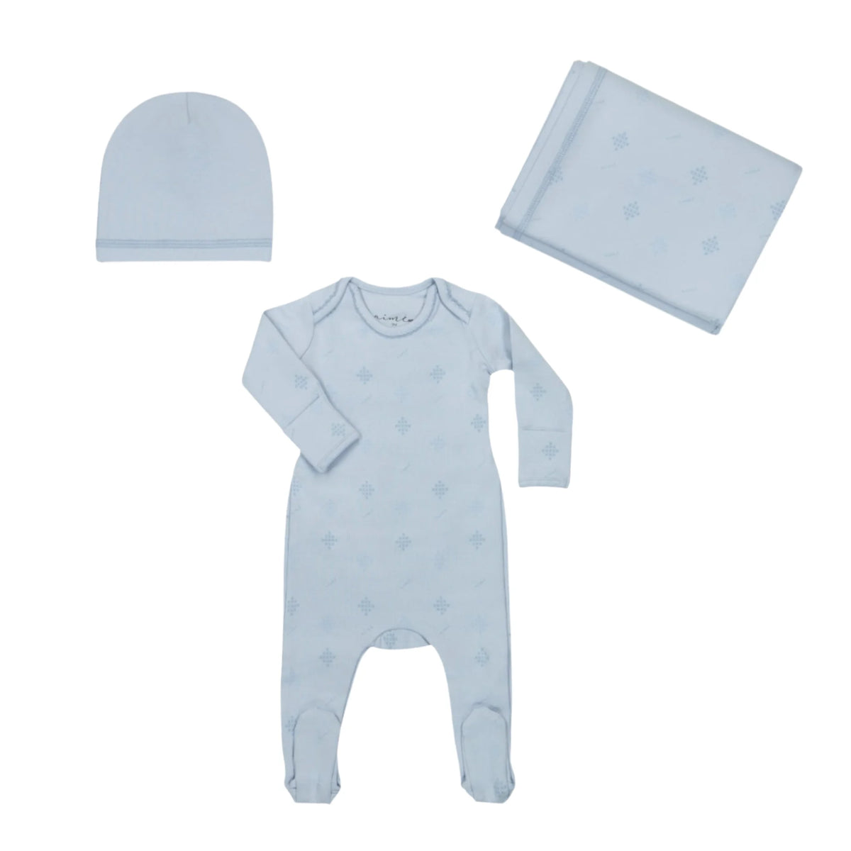 A front view of the Aime Child Aimé boys soft cotton footie sleepwear set.