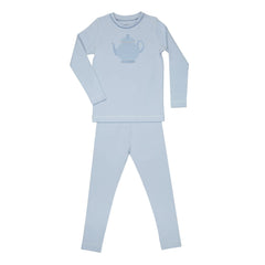 A front view of the Aime Child boys teapot print pajamas set.