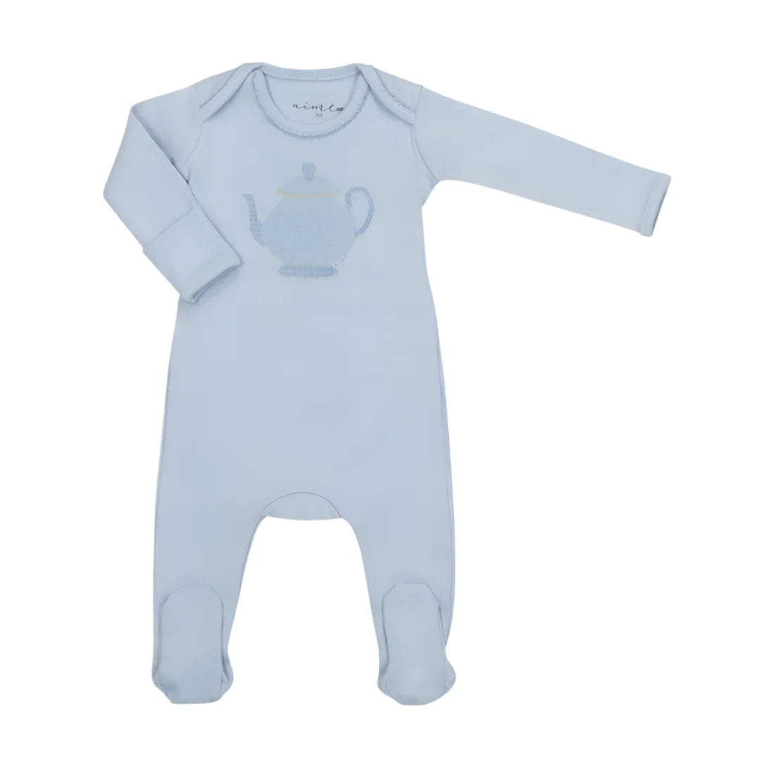 A front view of the Aime Child boys teapot printed footie sleepsuit.